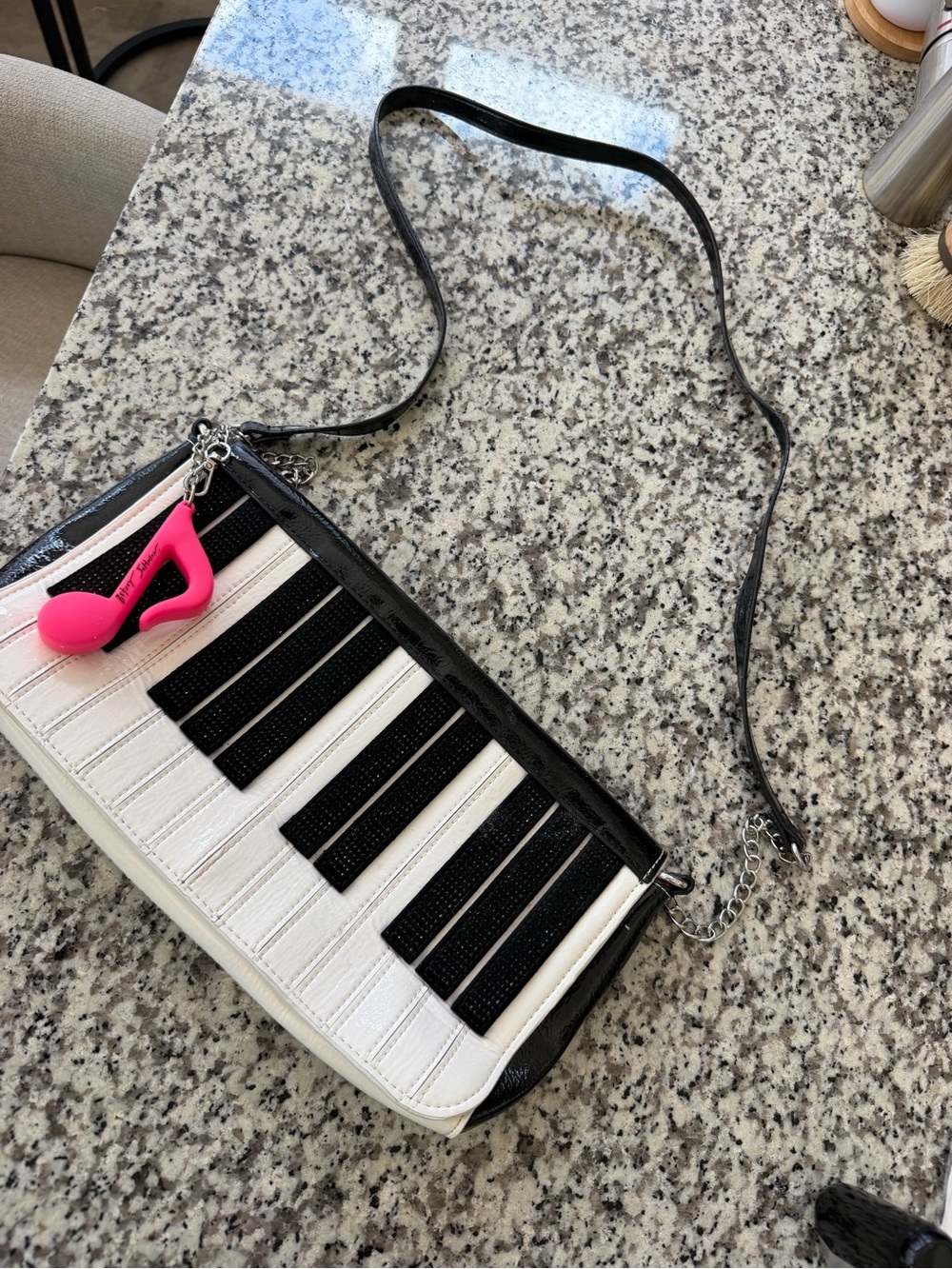 Betsey Johnson Black & White Piano Key Crossbody with Pink Charm